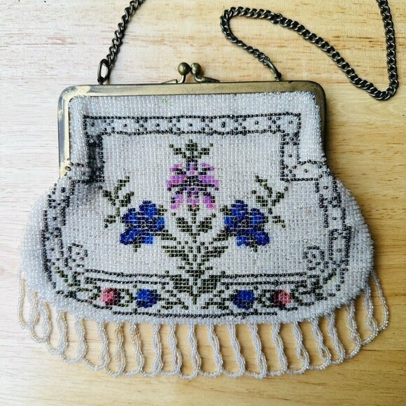 Antique Edwardian Fringe Flapper Purse Evening Bag Micro Seed Bead Floral Metal - Picture 5 of 16